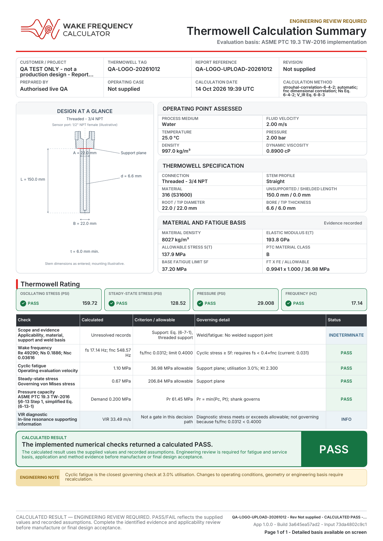 Example one-page thermowell calculation PDF report with dimensioned drawing, process conditions and PASS/FAIL results